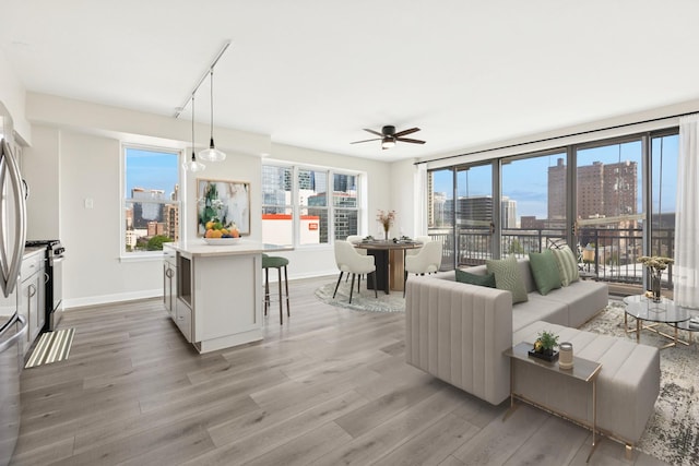 5 E 14th Pl Unit 801, Chicago, IL 60605 - living area featuring light wood-style floors, a ceiling fan, a city view, and baseboards