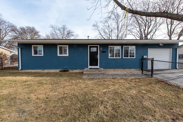 ranch-style house with a garage and a front lawn