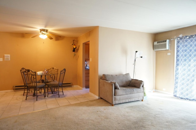 tiled living area with baseboards, an AC wall unit, carpet, and a ceiling fan