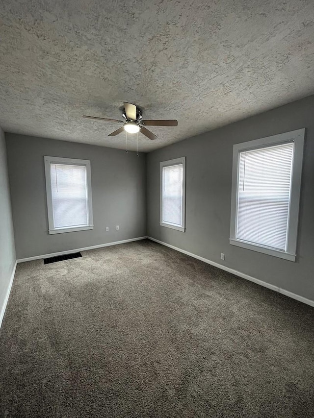 spare room featuring ceiling fan, plenty of natural light, carpet flooring, and a textured ceiling