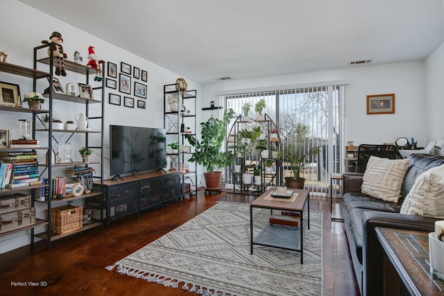 living room with dark wood-type flooring