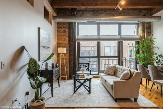 living room featuring track lighting, beam ceiling, and light hardwood / wood-style flooring