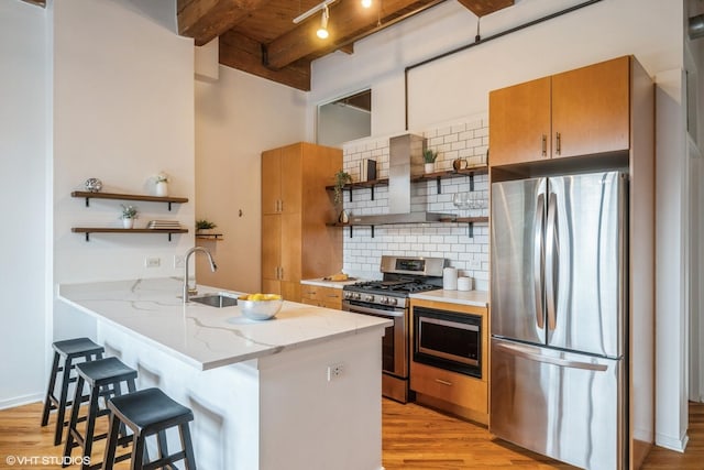 kitchen with beamed ceiling, sink, a kitchen bar, kitchen peninsula, and stainless steel appliances