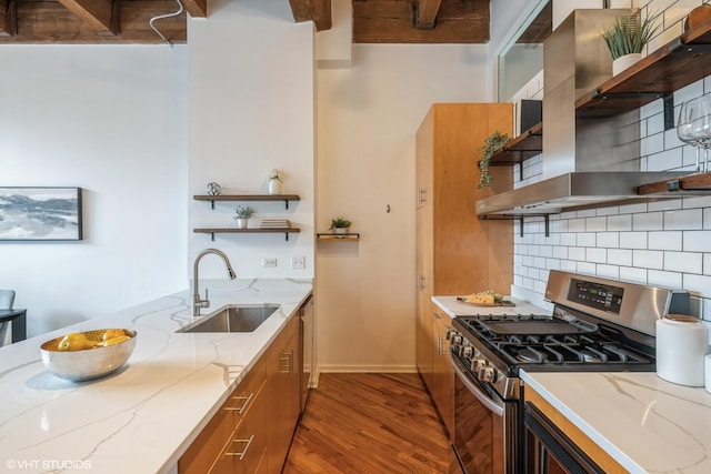 kitchen with sink, wall chimney range hood, appliances with stainless steel finishes, light stone counters, and wood-type flooring