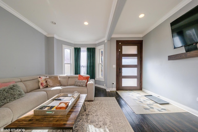 living room featuring wood-type flooring and ornamental molding