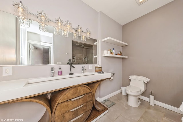 bathroom with vanity, an enclosed shower, tile patterned flooring, and toilet