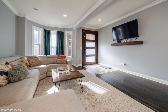 living room featuring ornamental molding and hardwood / wood-style floors