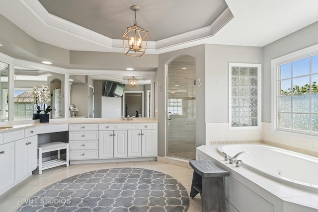 5605 Farmbrook Ln, Crystal Lake, IL 60014 - full bath featuring a chandelier, vanity, a whirlpool tub, tile patterned floors, and crown molding