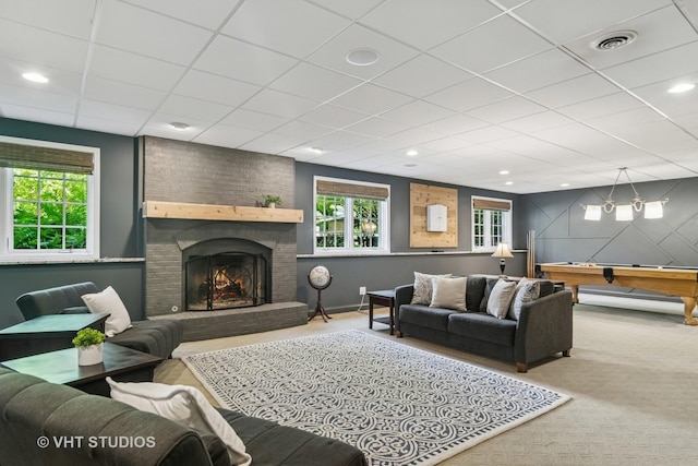 5605 Farmbrook Ln, Crystal Lake, IL 60014 - carpeted living room with plenty of natural light, pool table, a brick fireplace, a drop ceiling, and baseboards