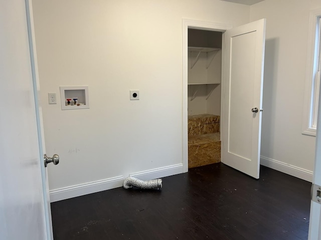 laundry room with hookup for a washing machine, hookup for an electric dryer, and dark hardwood / wood-style flooring