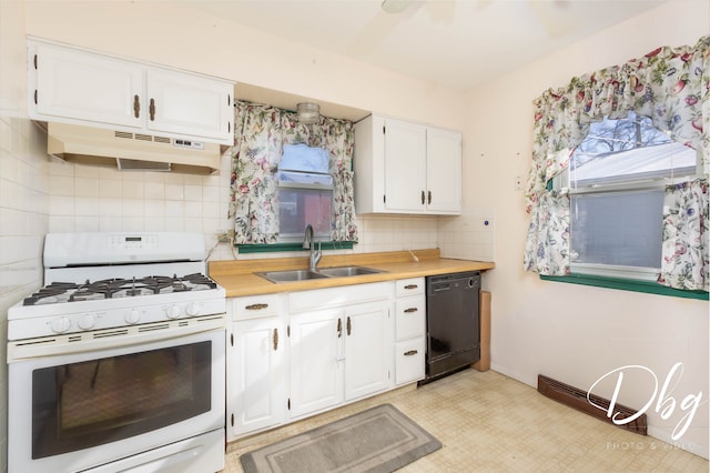 kitchen with sink, gas range gas stove, tasteful backsplash, dishwasher, and white cabinets