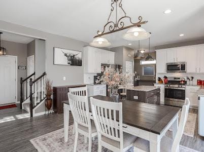 26011 S Old Farm Ct, Channahon, IL 60410 - dining area featuring dark wood finished floors, stairway, and recessed lighting