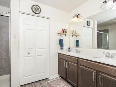 26011 S Old Farm Ct, Channahon, IL 60410 - full bath featuring a stall shower, double vanity, and wood finished floors