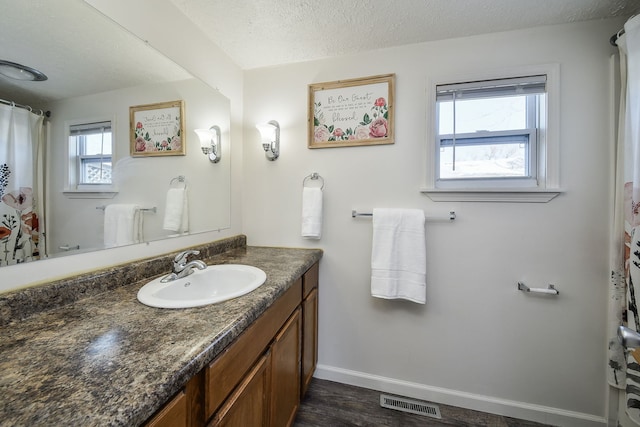 bathroom featuring hardwood / wood-style flooring, vanity, and a textured ceiling