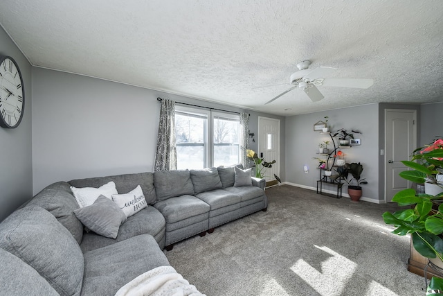 carpeted living room with ceiling fan and a textured ceiling