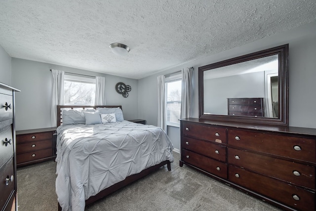 carpeted bedroom with multiple windows and a textured ceiling