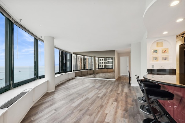 interior space featuring a water view and light wood-type flooring