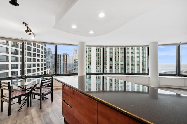 kitchen with a water view and light hardwood / wood-style floors