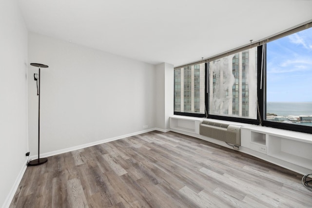 empty room with a water view, plenty of natural light, a wall mounted AC, and light wood-type flooring