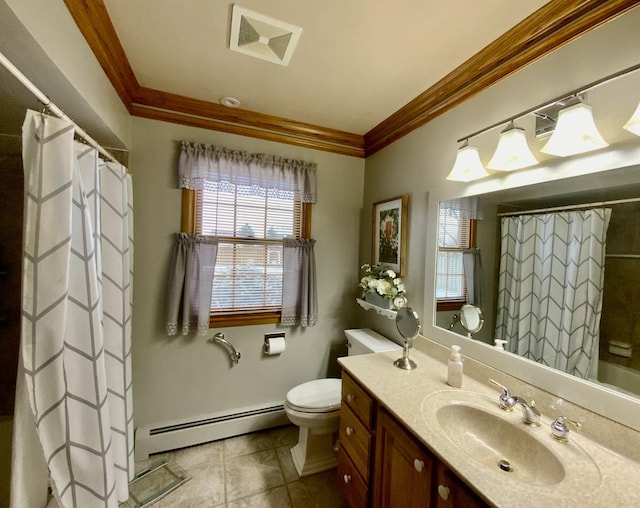 bathroom featuring tile patterned flooring, vanity, baseboard heating, crown molding, and a shower with curtain