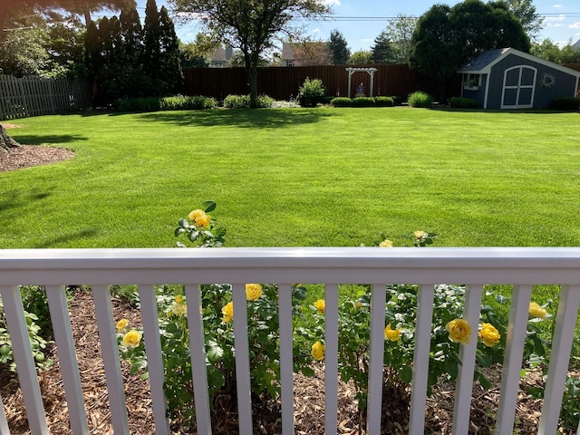 view of yard featuring a storage unit