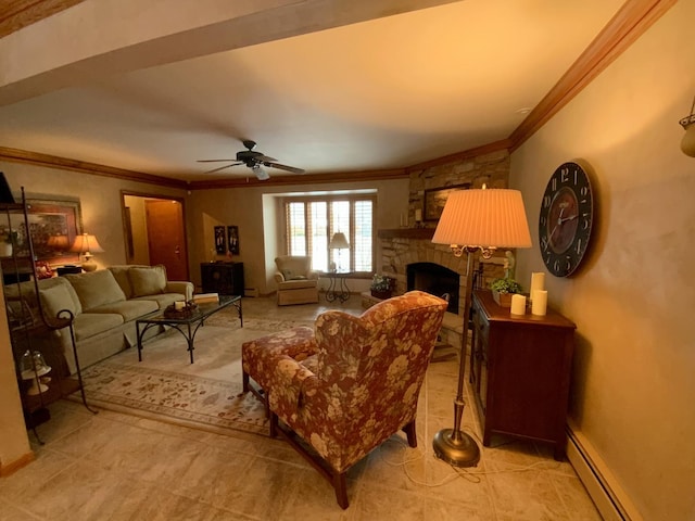 living room with ornamental molding, a stone fireplace, ceiling fan, and a baseboard radiator