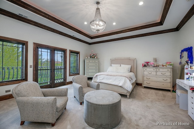 bedroom featuring an inviting chandelier, ornamental molding, access to outside, light colored carpet, and french doors