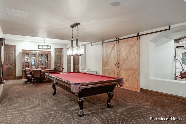 playroom featuring carpet flooring, a barn door, and pool table