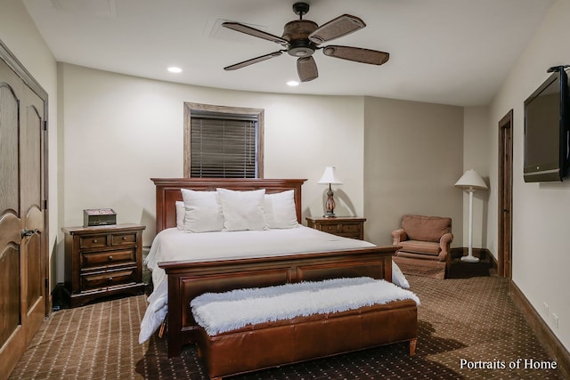 carpeted bedroom with ceiling fan