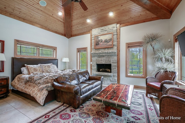 tiled bedroom with wood ceiling, ceiling fan, high vaulted ceiling, and multiple windows