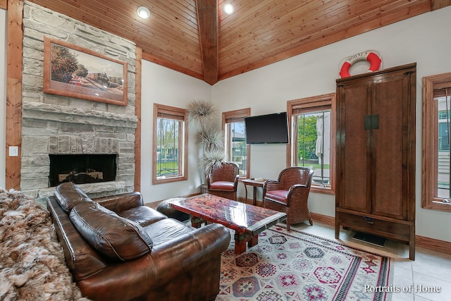 living room featuring a stone fireplace, light tile patterned floors, wooden ceiling, and high vaulted ceiling