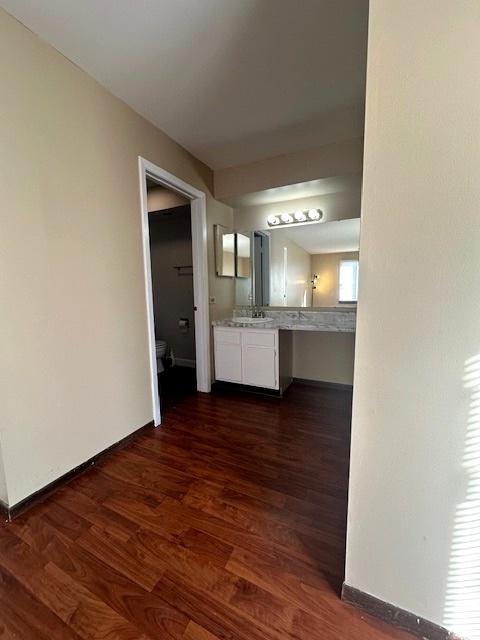 kitchen with white cabinetry, sink, and dark hardwood / wood-style flooring