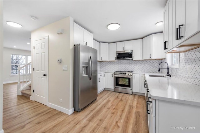 kitchen featuring sink, white cabinetry, stainless steel appliances, light hardwood / wood-style floors, and backsplash