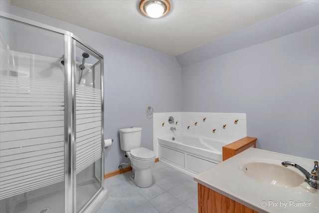 full bathroom featuring shower with separate bathtub, lofted ceiling, tile patterned flooring, vanity, and toilet