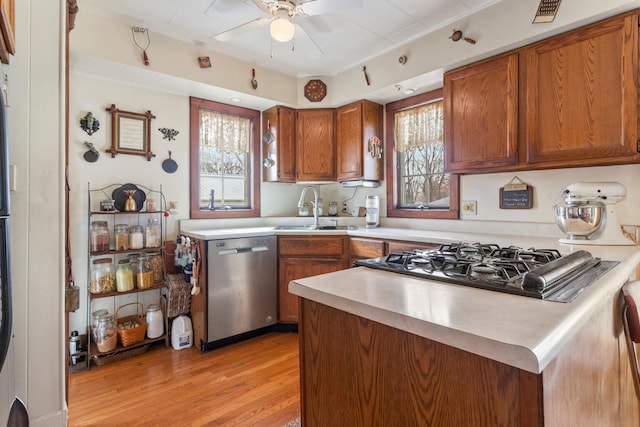 kitchen with sink, light hardwood / wood-style flooring, stainless steel appliances, and ceiling fan