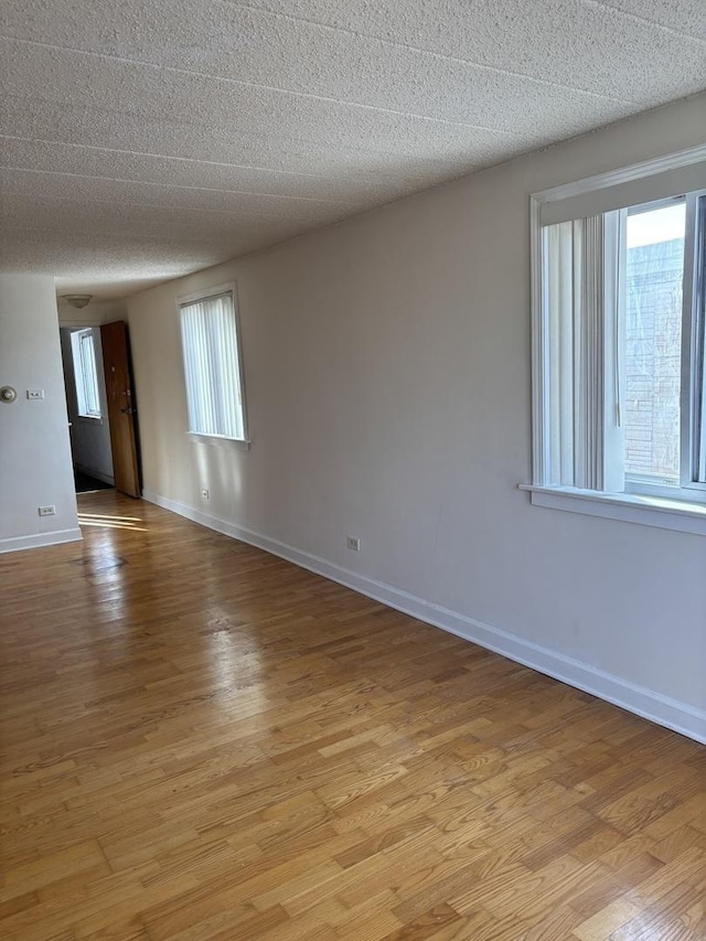 spare room with a healthy amount of sunlight, a textured ceiling, and light hardwood / wood-style flooring