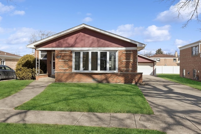 bungalow-style home featuring a front yard, brick siding, and fence