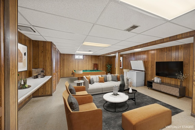 living area featuring light floors, wood walls, billiards, and visible vents