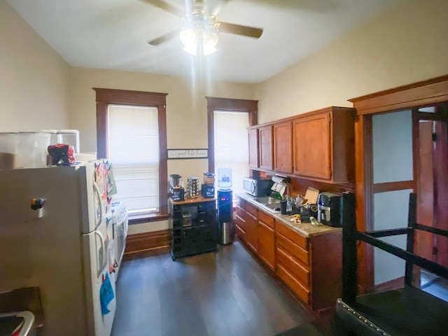 kitchen featuring sink, dark wood-type flooring, ceiling fan, and white fridge