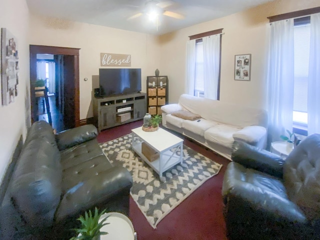 living room featuring ceiling fan