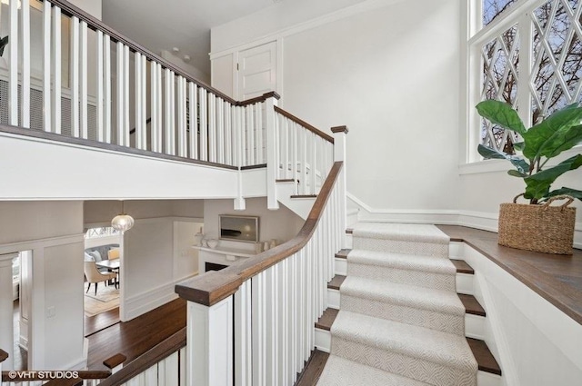 staircase featuring a high ceiling and hardwood / wood-style floors