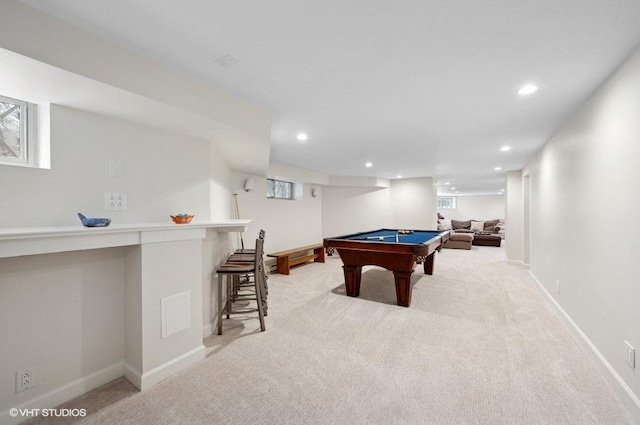 rec room with light carpet and billiards