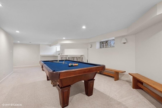 playroom with light colored carpet and pool table