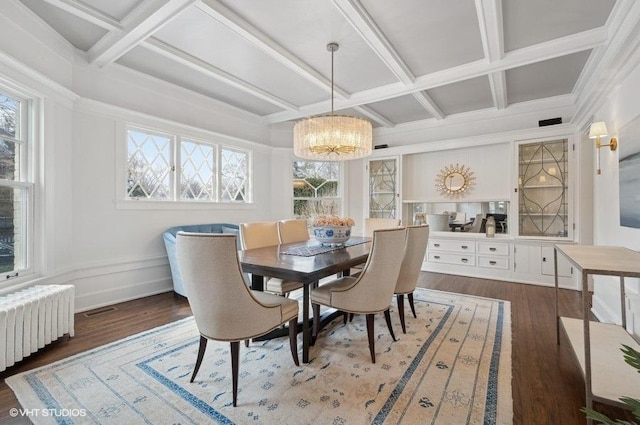 dining space featuring dark wood-type flooring, a healthy amount of sunlight, radiator heating unit, and coffered ceiling