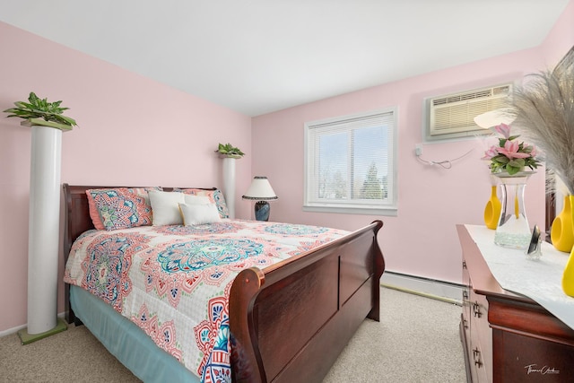 bedroom with light carpet, a wall mounted air conditioner, and a baseboard radiator