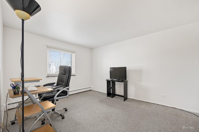 carpeted home office featuring a baseboard radiator