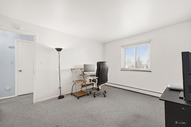 carpeted office with a baseboard radiator