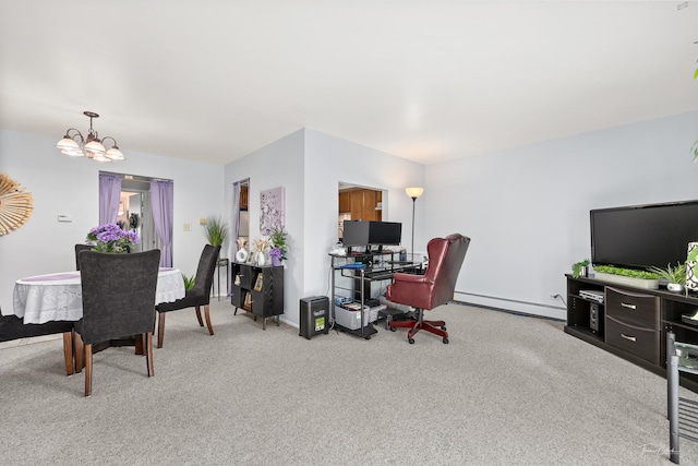 carpeted office featuring a baseboard radiator and a chandelier