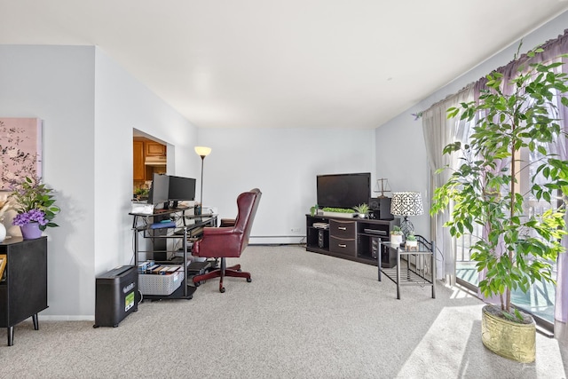 carpeted office featuring a baseboard radiator