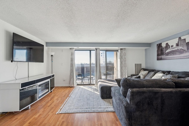 living room featuring hardwood / wood-style flooring and a textured ceiling